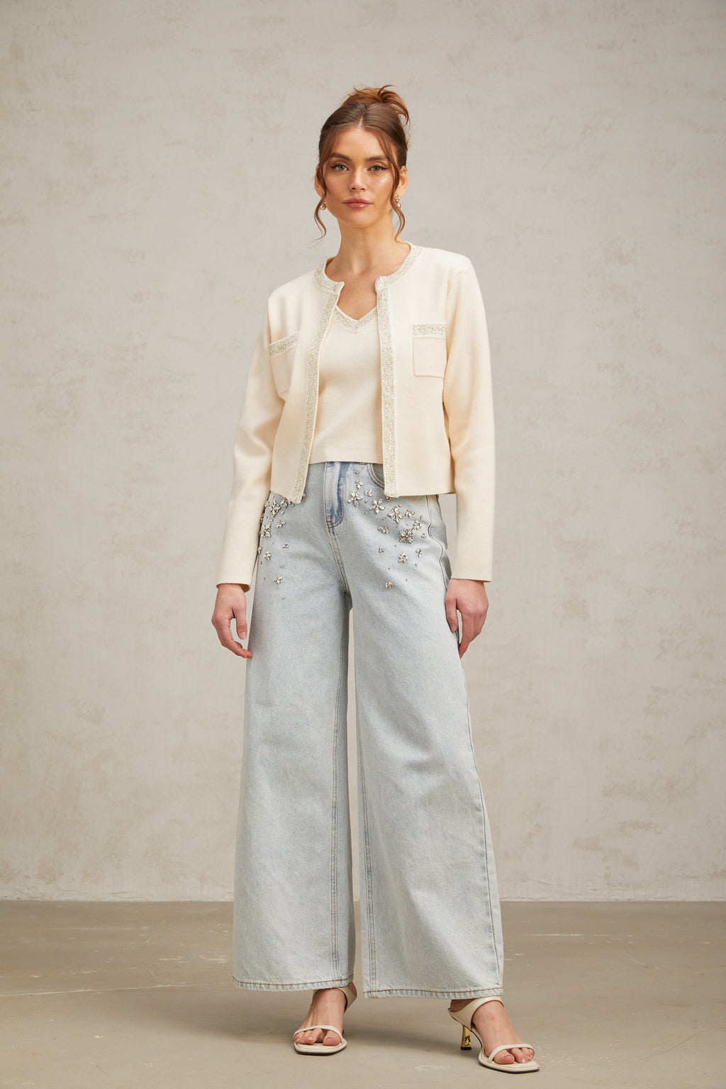 Flowering Girl Women Celia white sequined fine-knit cropped top