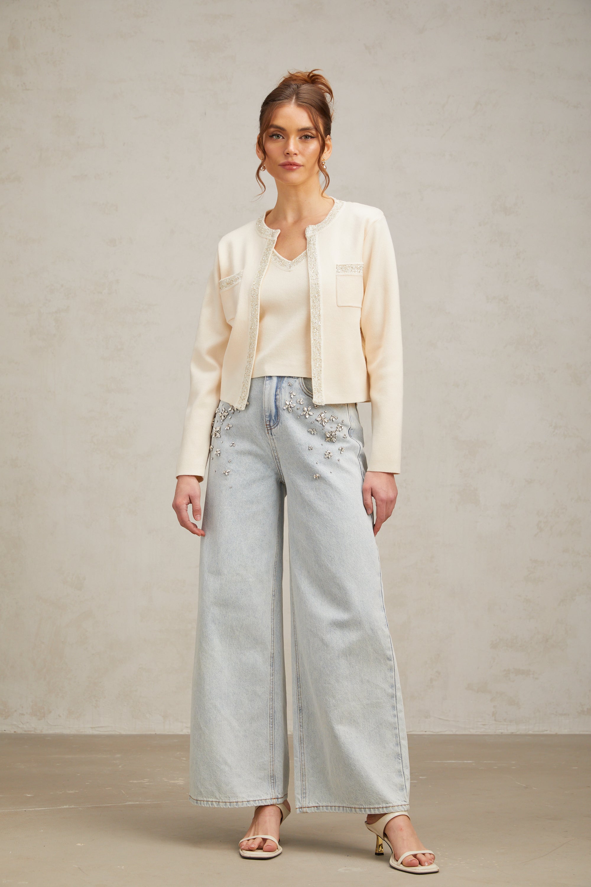 Flowering Girl Women Celia white sequined fine-knit cropped top