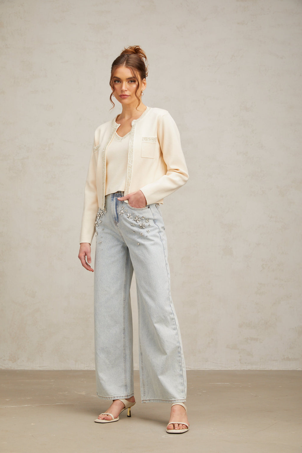 Flowering Girl Women Celia white sequined fine-knit cropped top