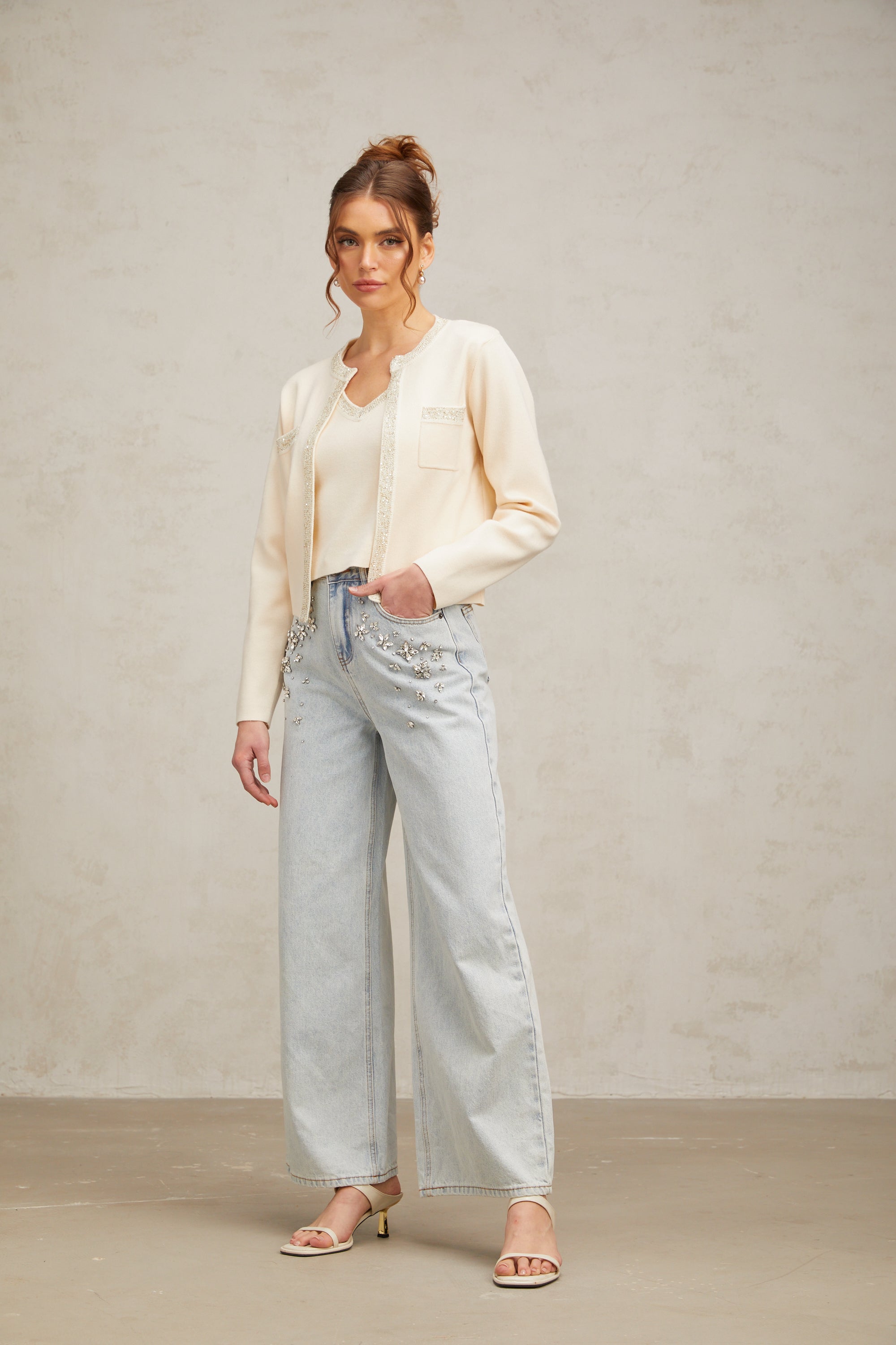 Flowering Girl Women Celia white sequined fine-knit cropped top