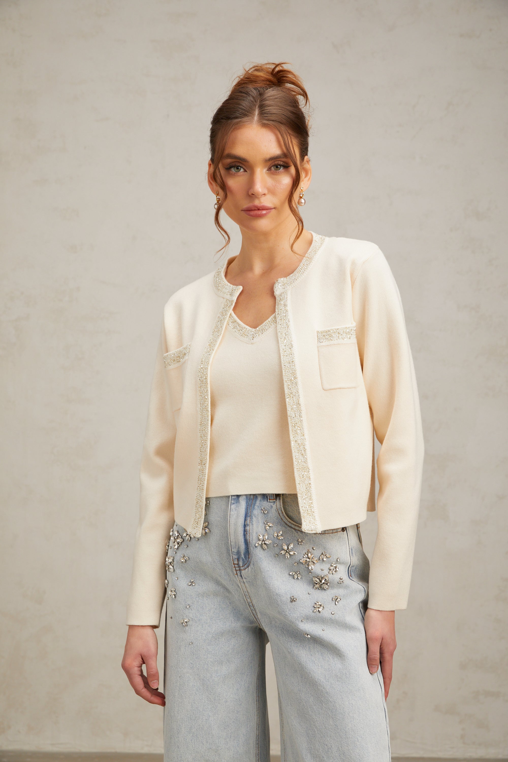 Flowering Girl Women Celia white sequined fine-knit cropped top