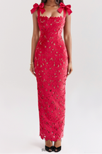 Flowering Girl Women hermosa Bow Strap Embroidered Lace Maxi Dress in red