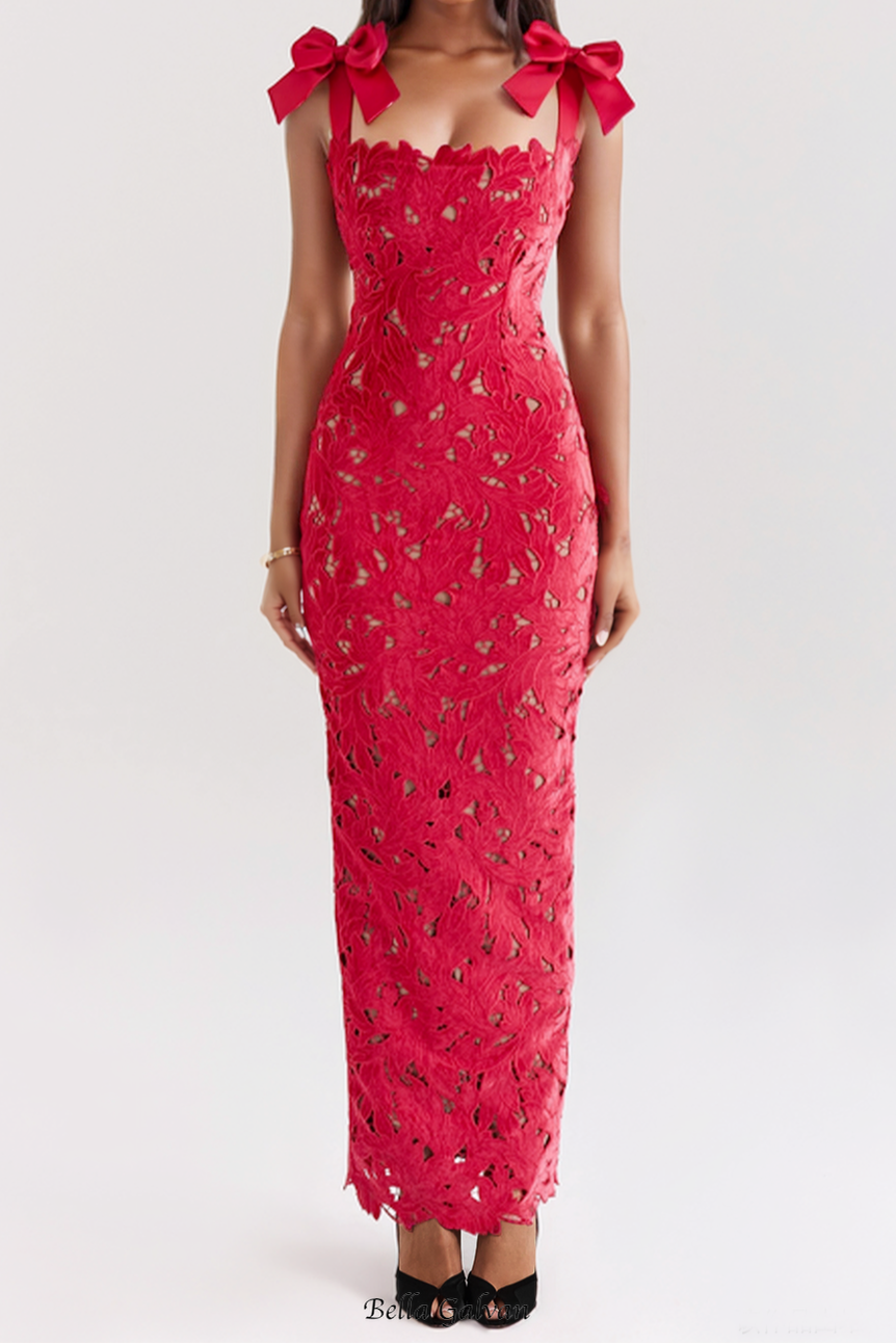hermosa Bow Strap Embroidered Lace Maxi Dress in red