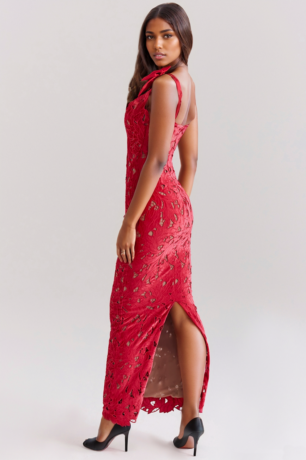 Flowering Girl Women hermosa Bow Strap Embroidered Lace Maxi Dress in red