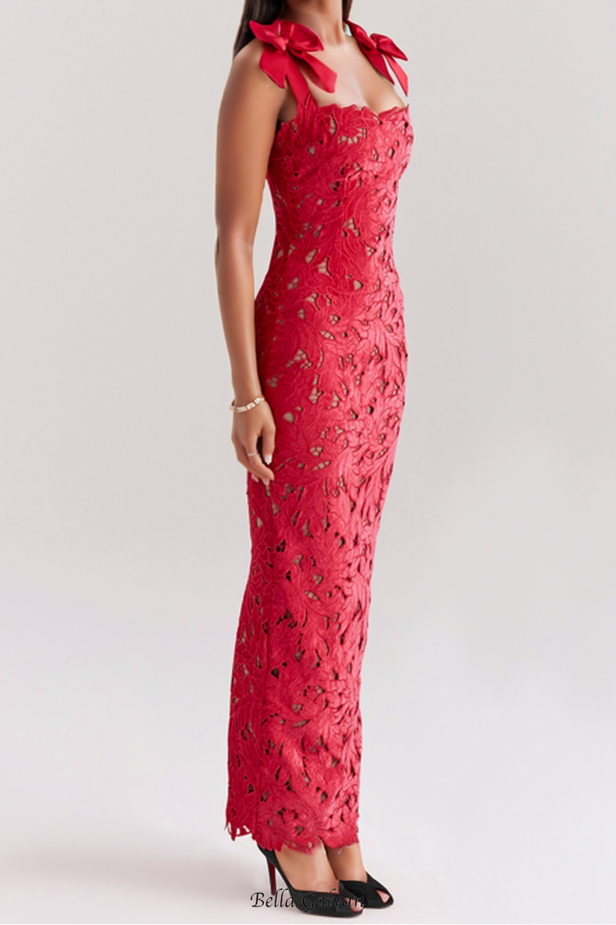 Flowering Girl Women hermosa Bow Strap Embroidered Lace Maxi Dress in red