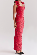 Flowering Girl Women hermosa Bow Strap Embroidered Lace Maxi Dress in red