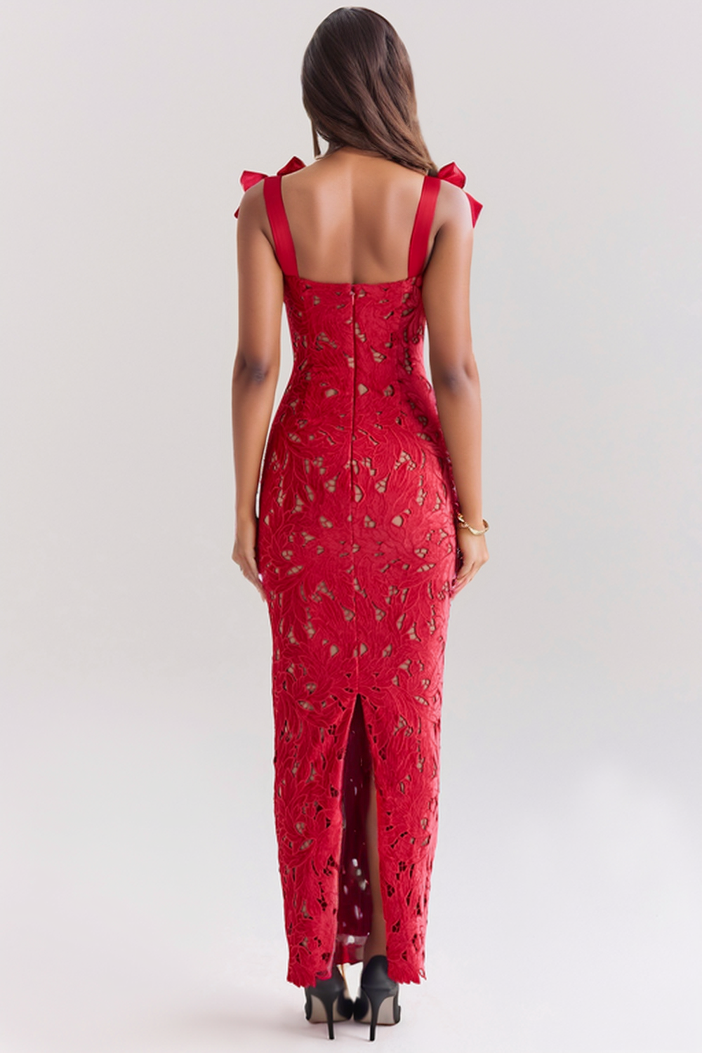 Flowering Girl Women hermosa Bow Strap Embroidered Lace Maxi Dress in red