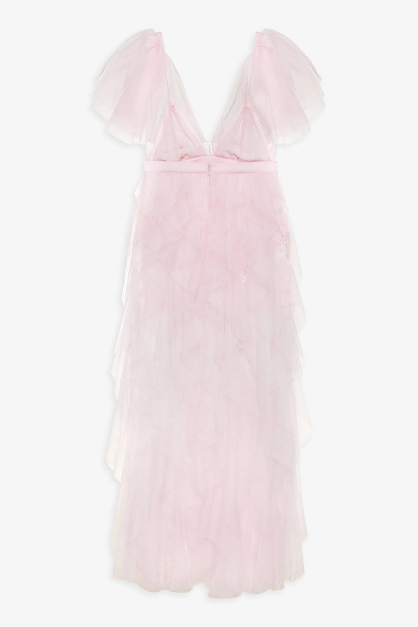 ruffle tulle atop floral lace mini dress in pink
