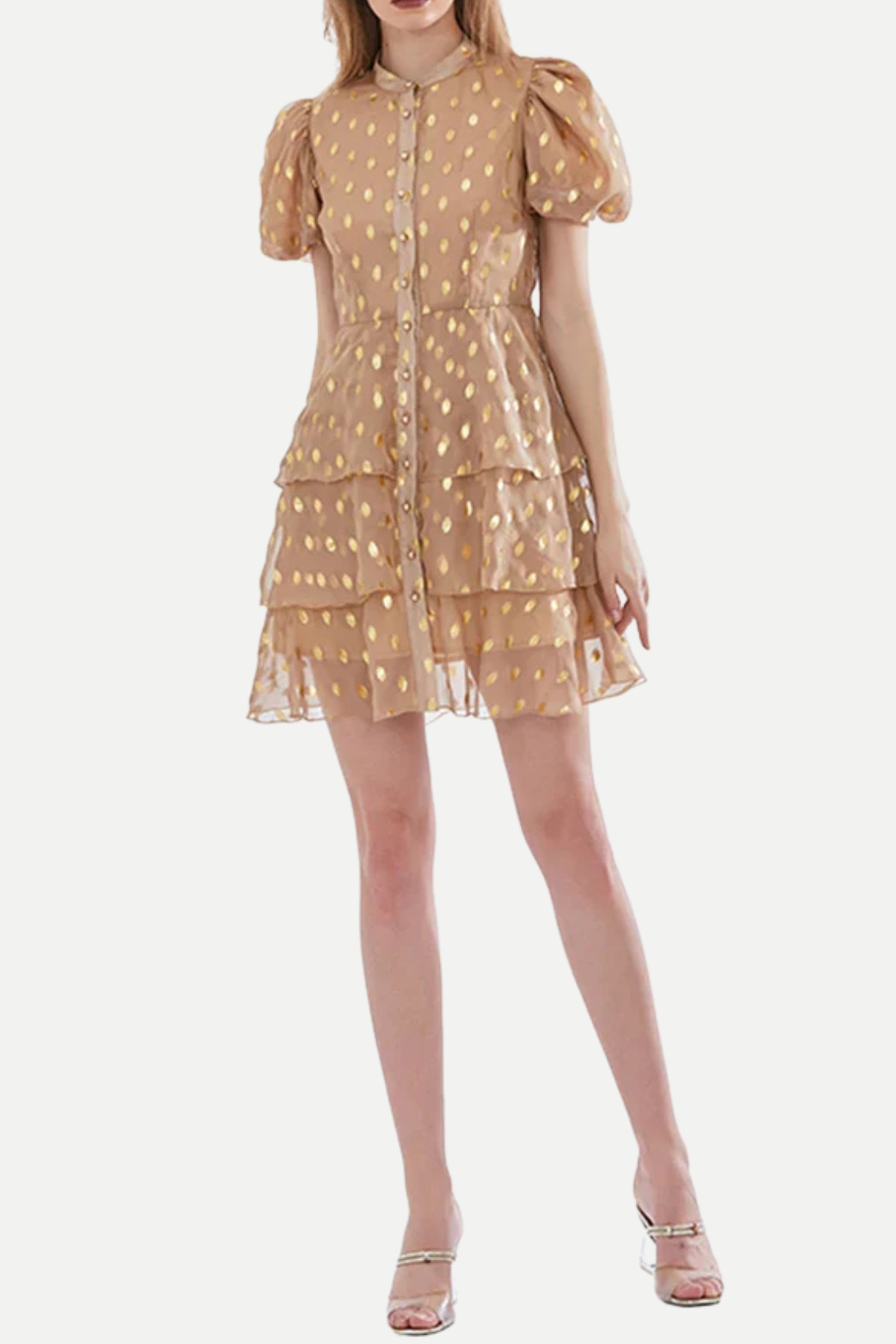 Flowering Girl Women Polka Dot Layered Print Mini Dress In Kahki
