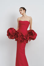 Flowering Girl Women red strapless maxi dress with flower embellishments