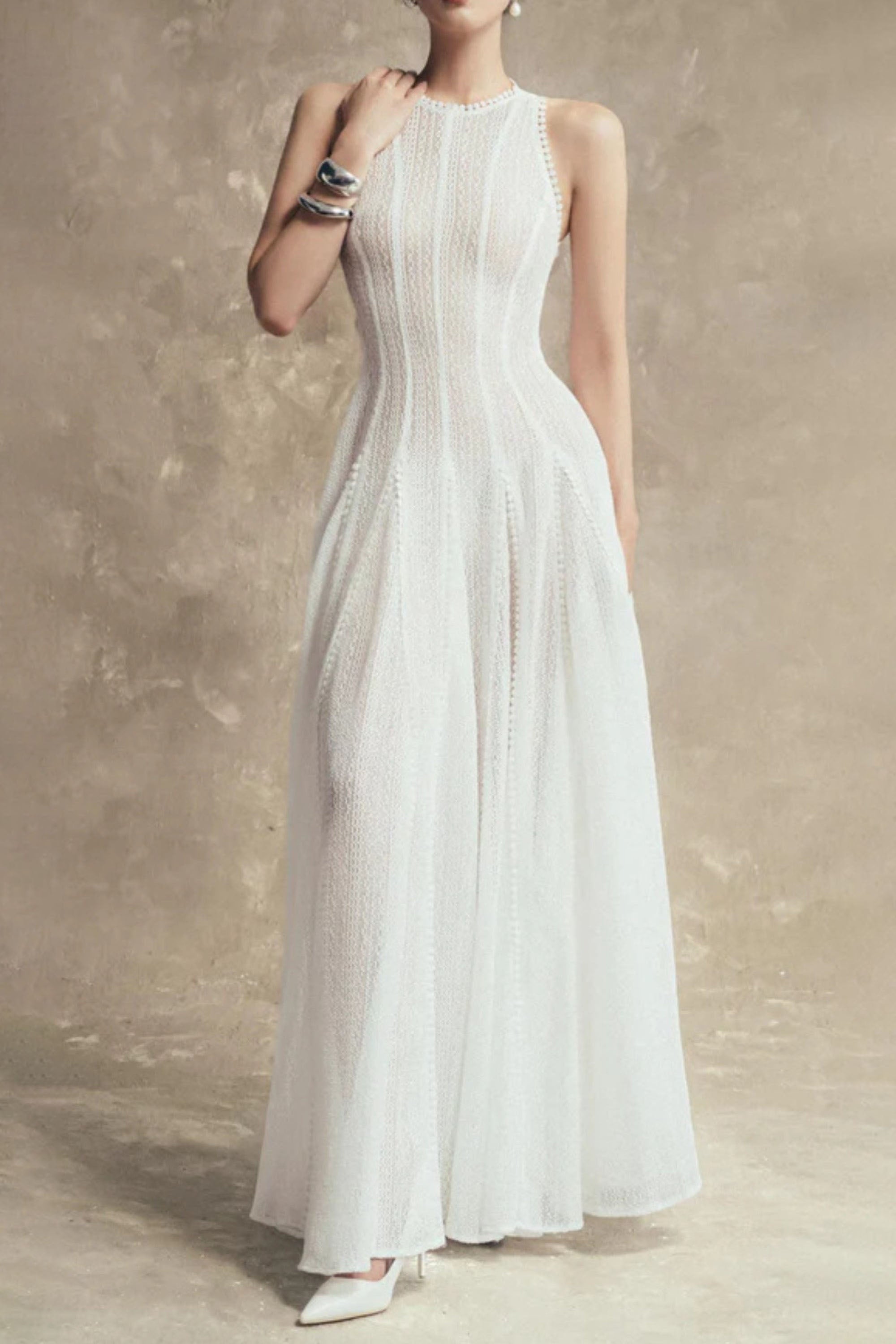 Flowering Girl Women Sleeveless Lace Crochet Maxi Dress In White
