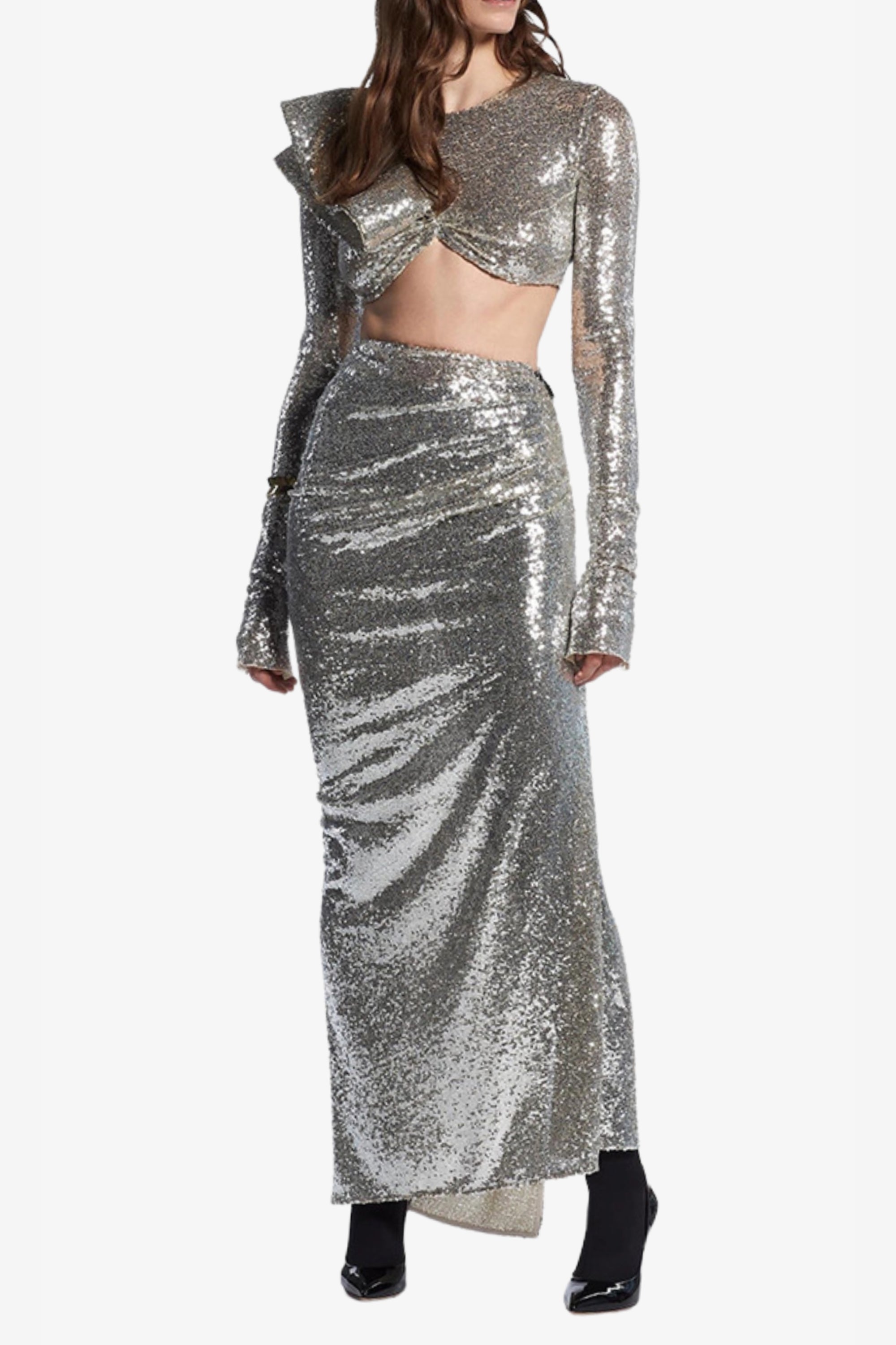 Flowering Girl Women Crop Top Drape Skirt Set In Silver