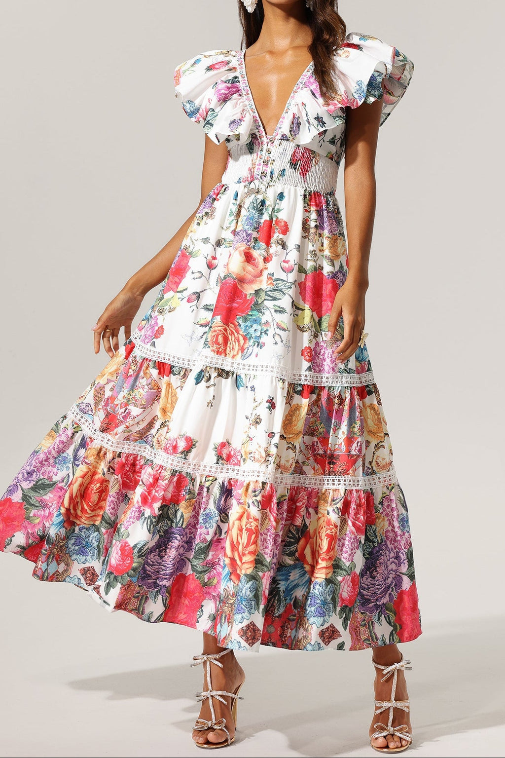 Violet Backless Ruffle Floral Printed Maxi Dress