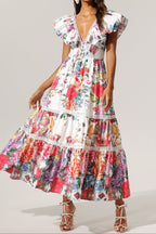 Violet Backless Ruffle Floral Printed Maxi Dress