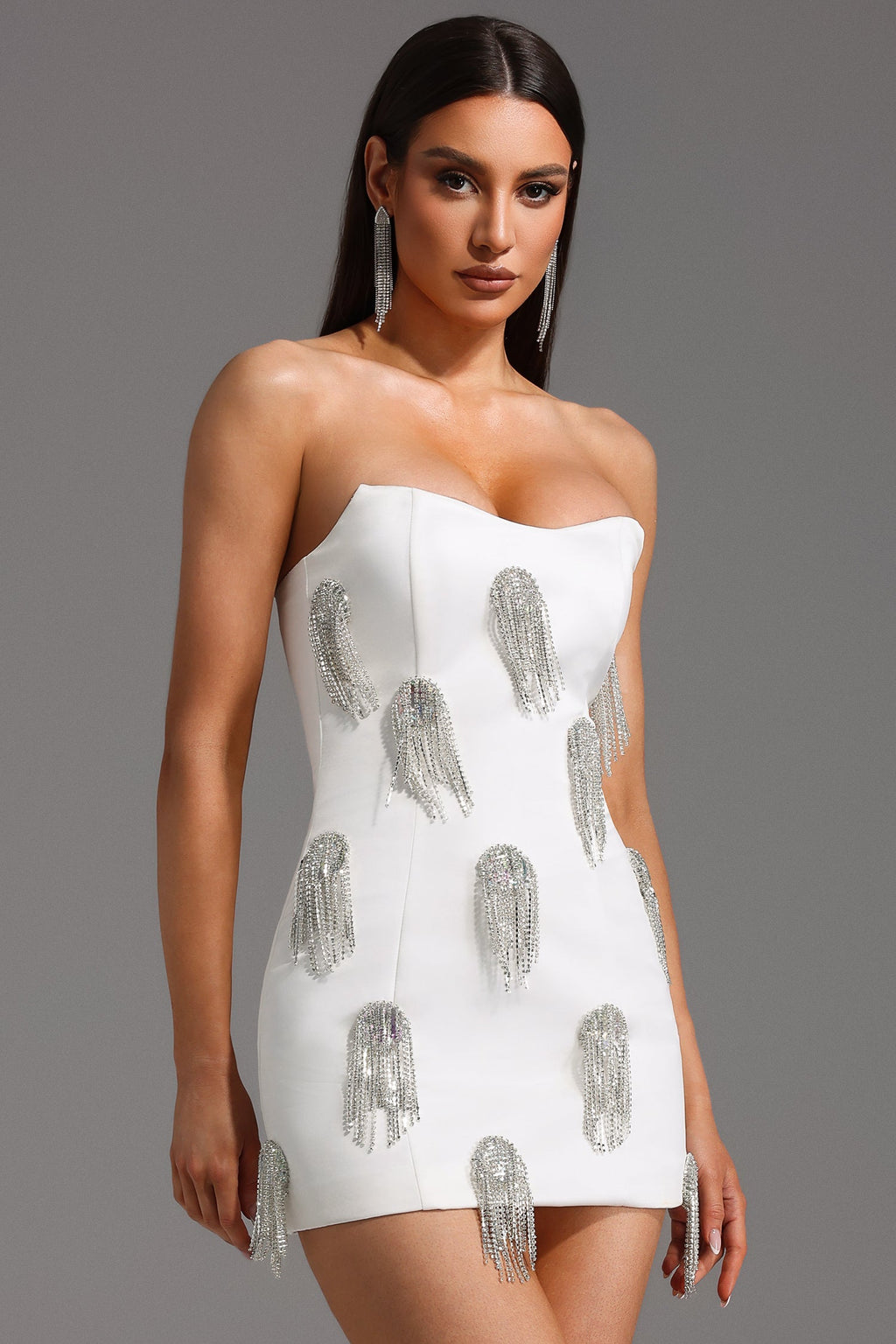 Flowering Girl Women Flor Sleeveless Diamond Tassels Mini Dress in white