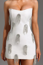 Flowering Girl Women Flor Sleeveless Diamond Tassels Mini Dress in white
