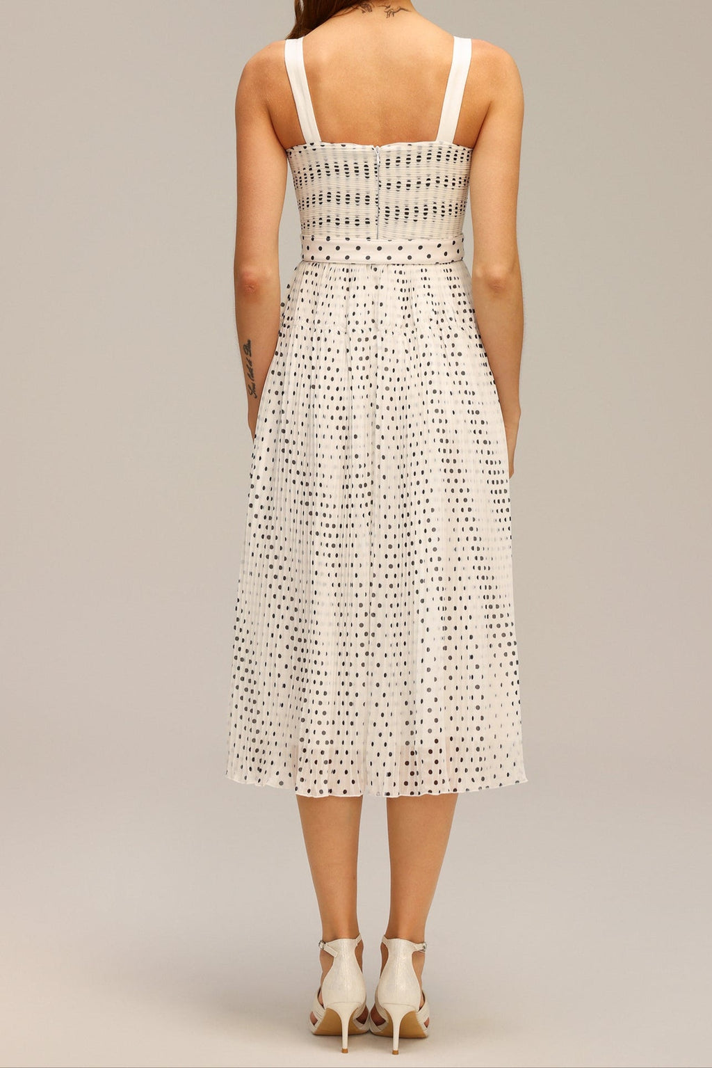 janice Halter Pearl Dot Printed Folds Midi Dress