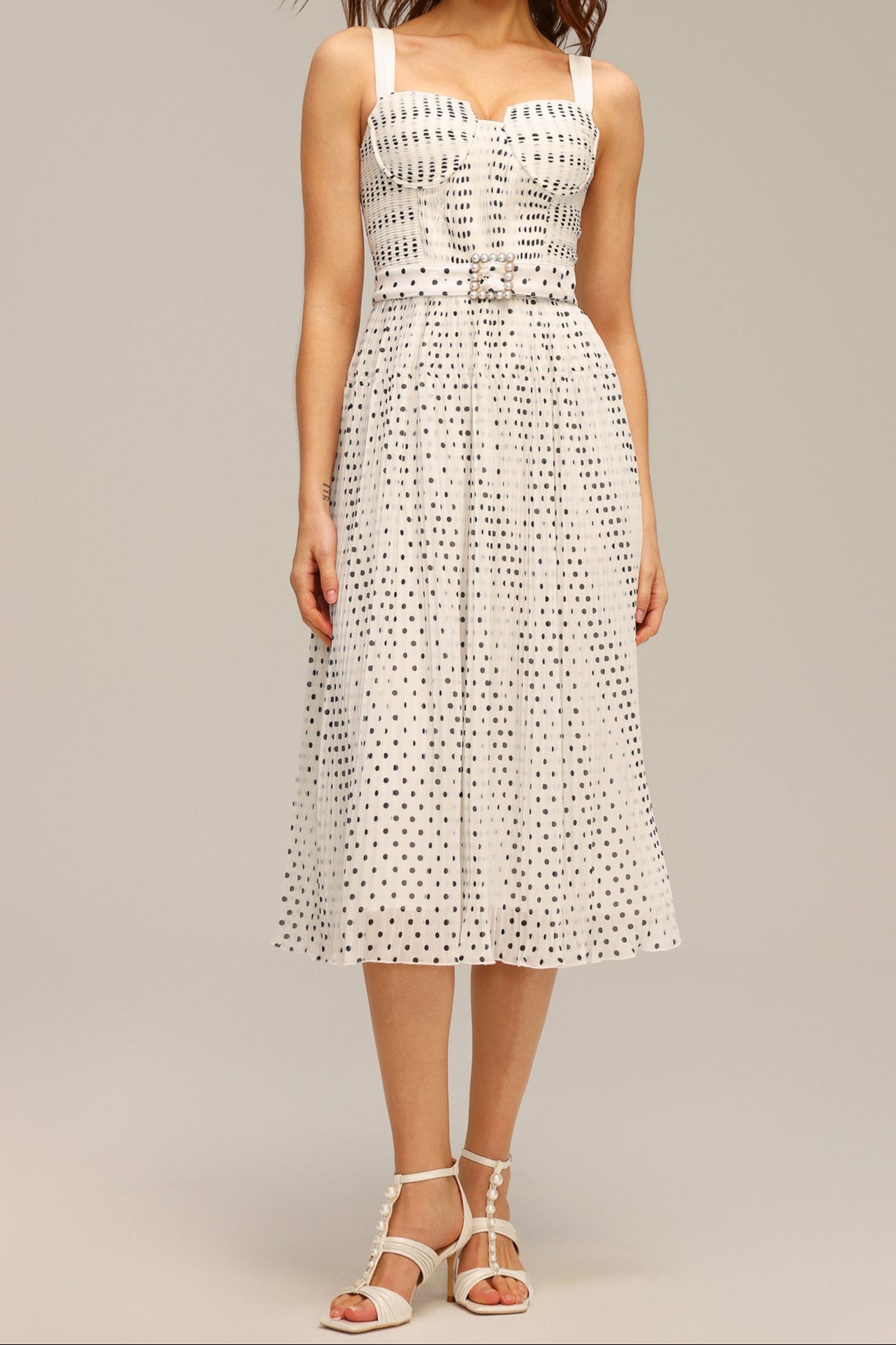 janice Halter Pearl Dot Printed Folds Midi Dress