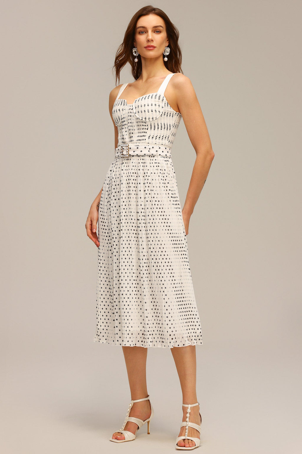 janice Halter Pearl Dot Printed Folds Midi Dress