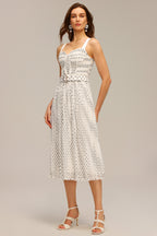 janice Halter Pearl Dot Printed Folds Midi Dress