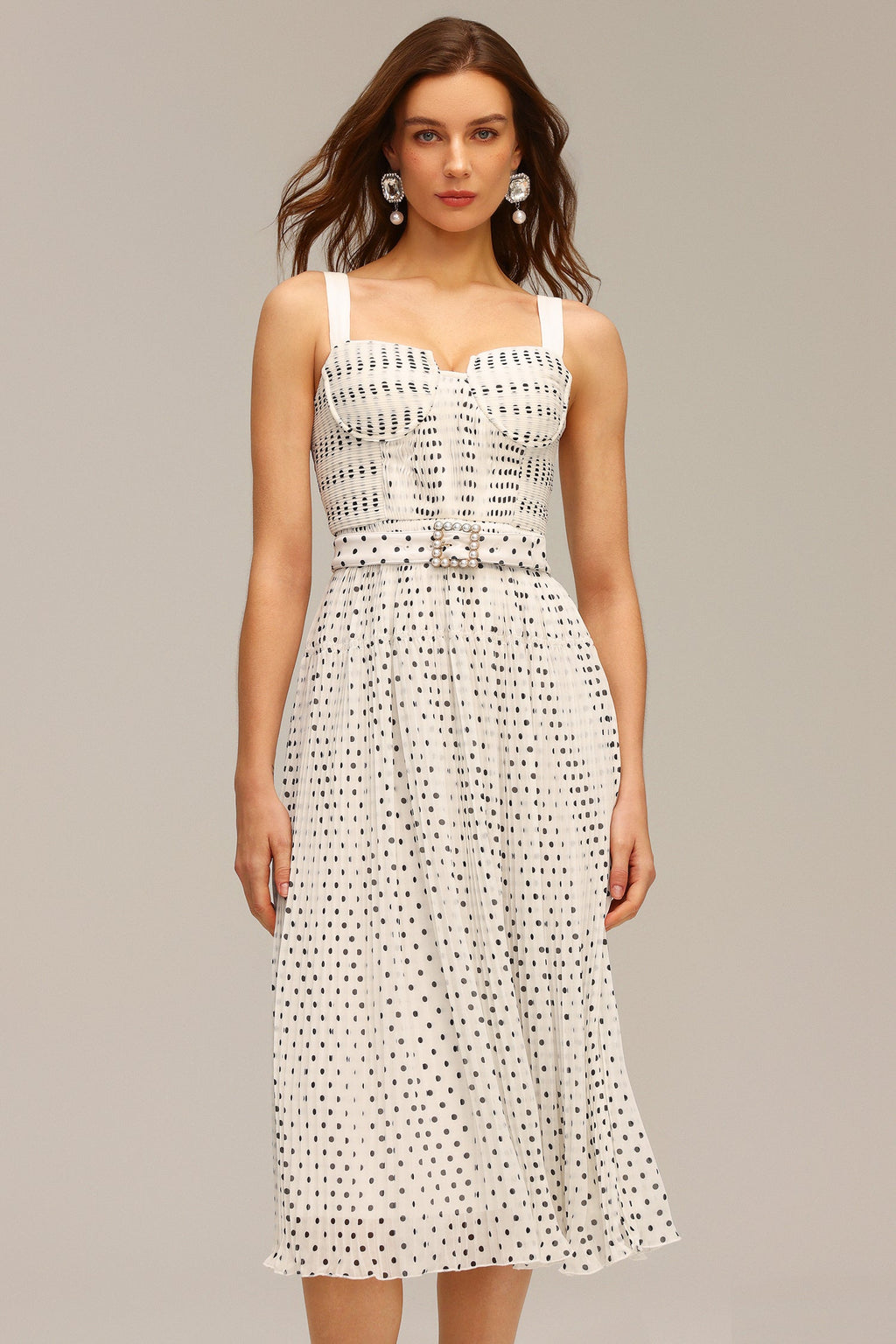 janice Halter Pearl Dot Printed Folds Midi Dress