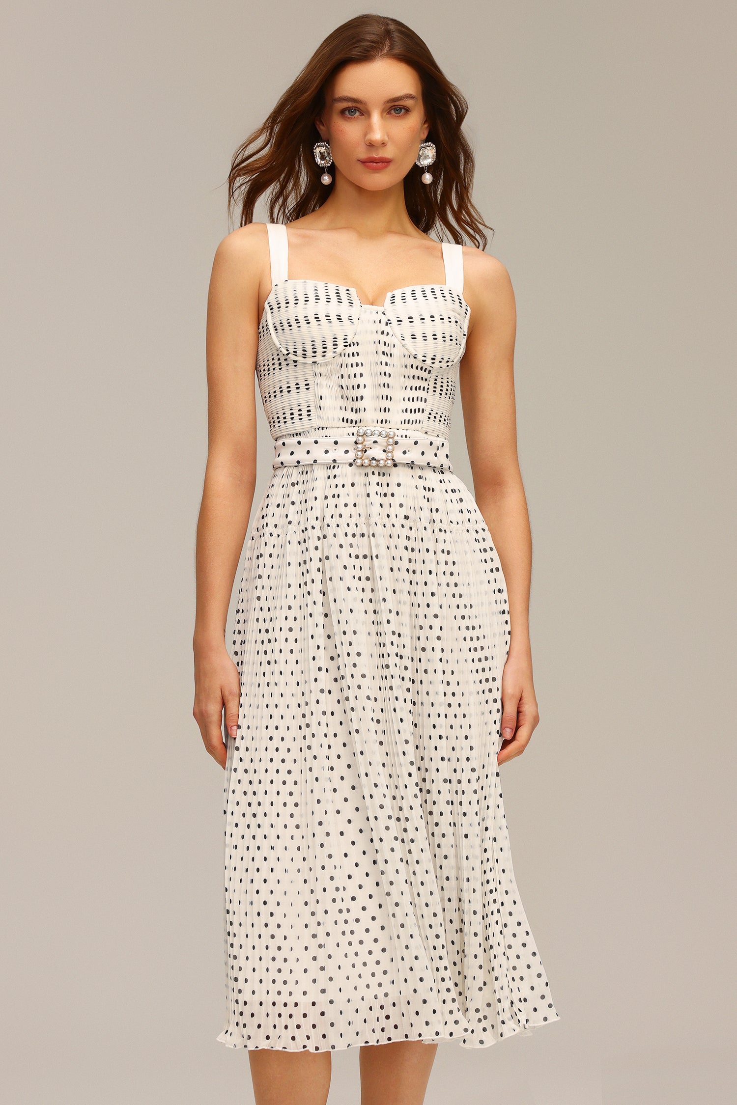 janice Halter Pearl Dot Printed Folds Midi Dress