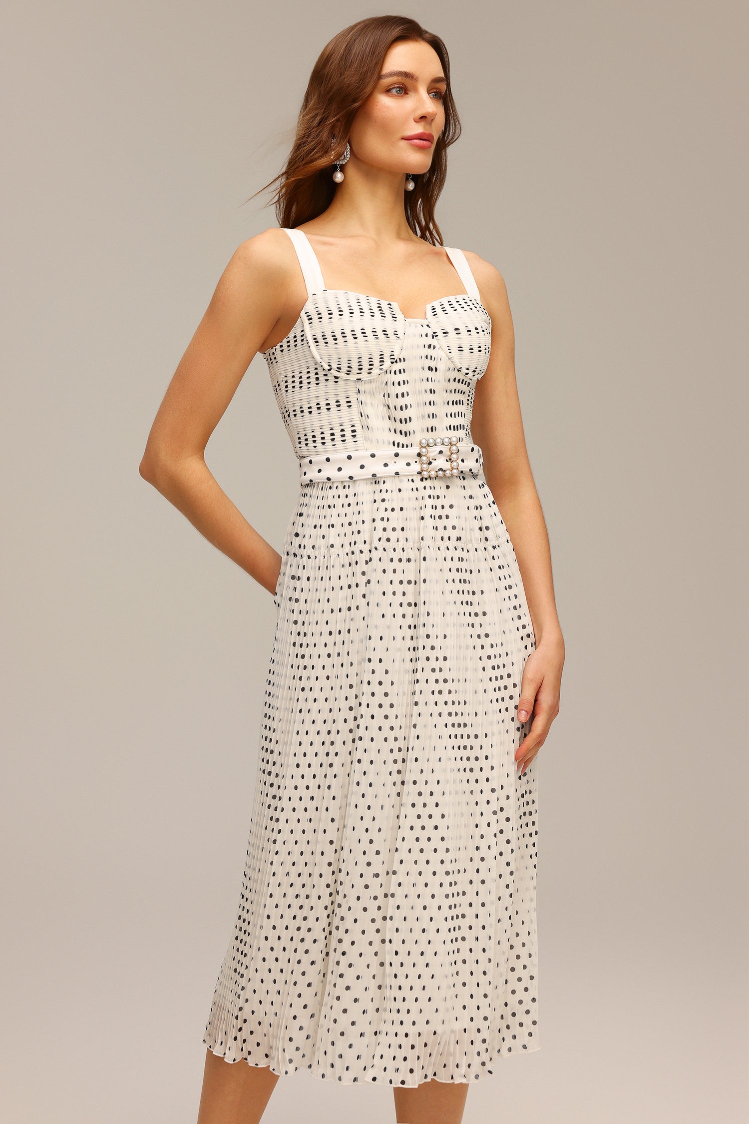 janice Halter Pearl Dot Printed Folds Midi Dress