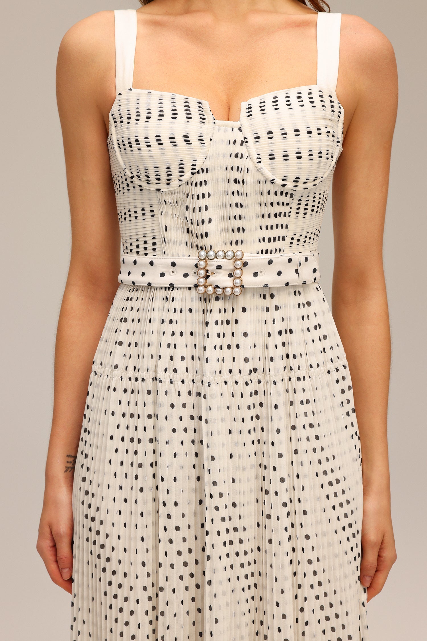 janice Halter Pearl Dot Printed Folds Midi Dress