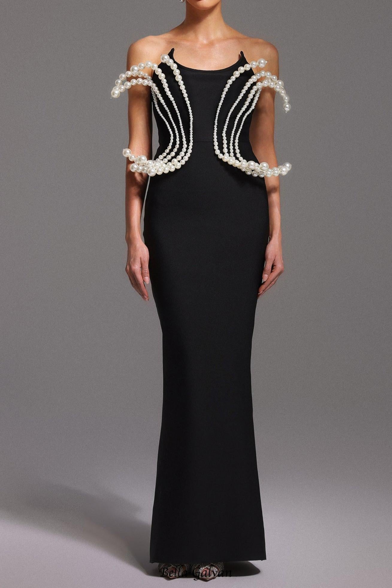 Flowering Girl Women tiffany Pearl Bandage Sleeveless Maxi Dress in black