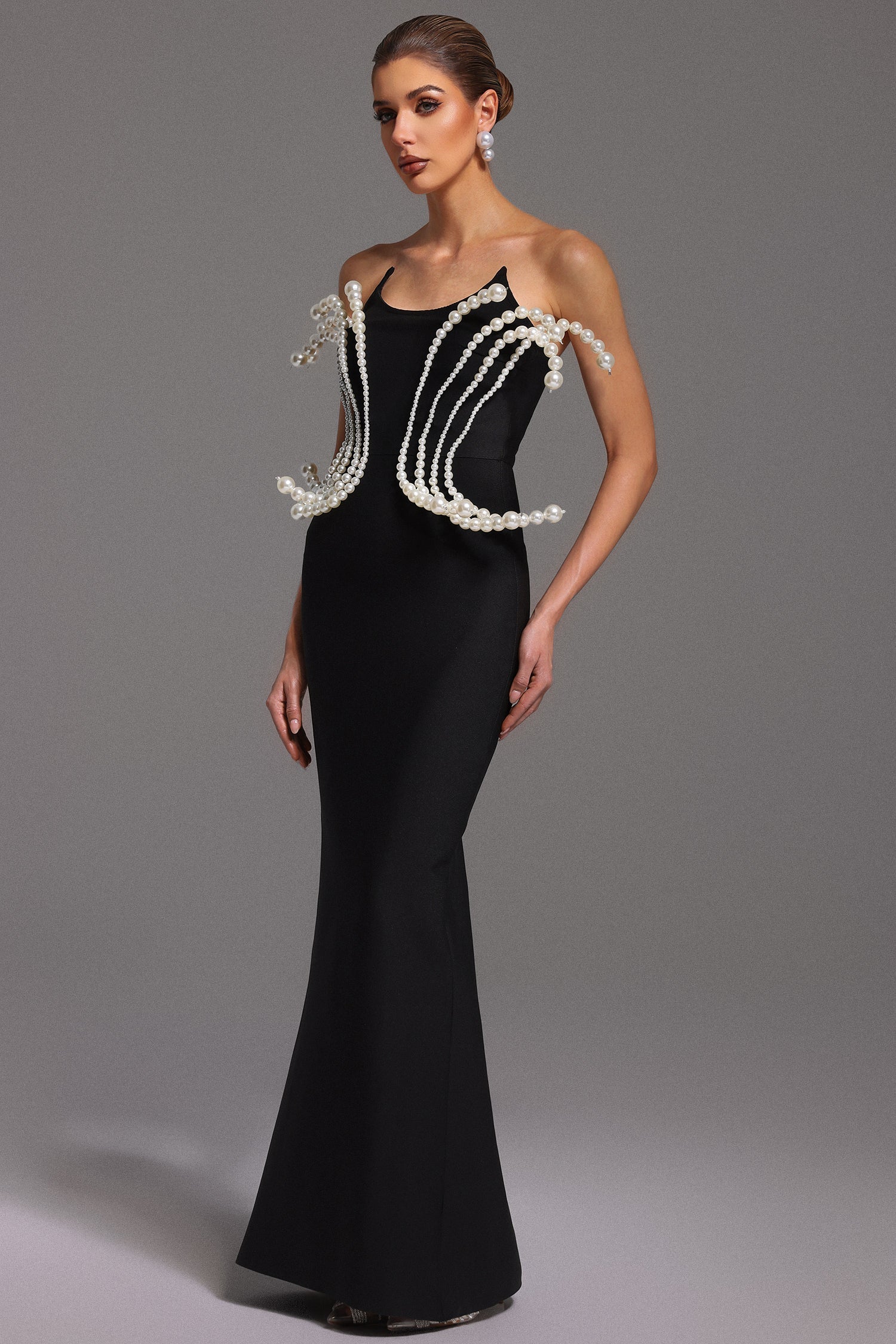 Flowering Girl Women tiffany Pearl Bandage Sleeveless Maxi Dress in black