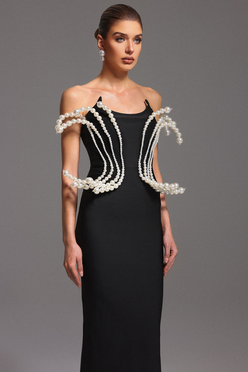 Flowering Girl Women tiffany Pearl Bandage Sleeveless Maxi Dress in black