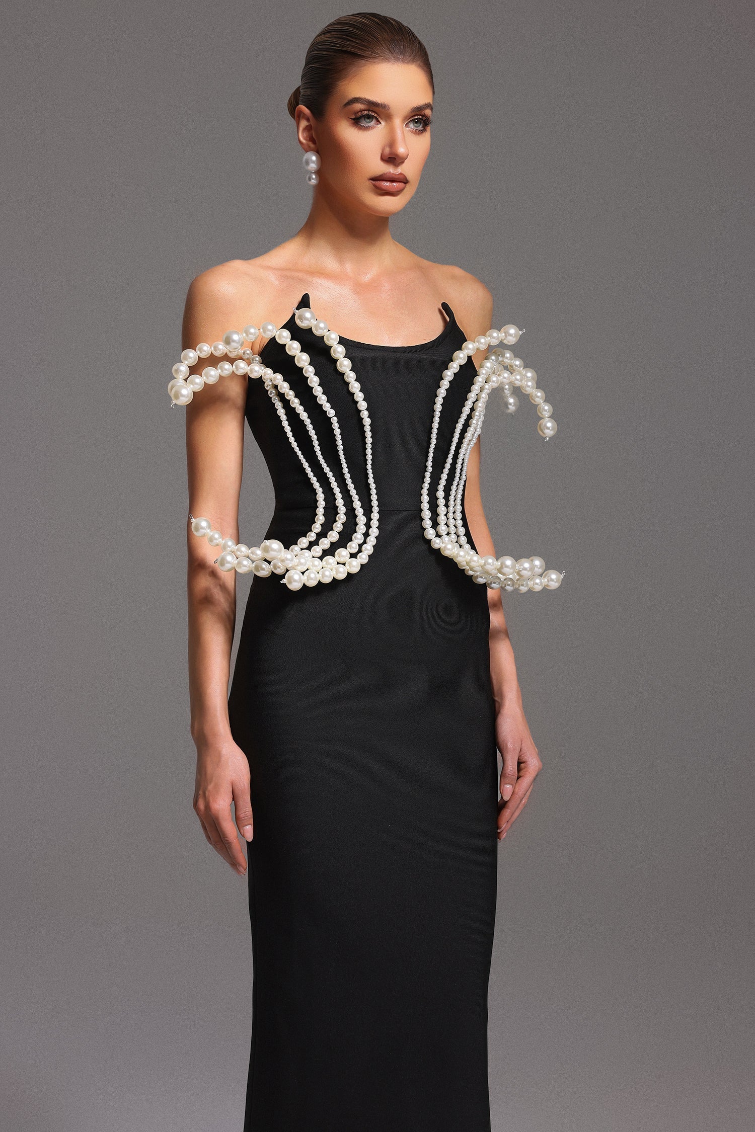 Flowering Girl Women tiffany Pearl Bandage Sleeveless Maxi Dress in black