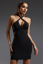 Flowering Girl Women sylvia Halter Hollow Out Bandage Mini Dress in black