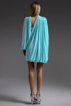 Flowering Girl Women susanna Long Sleeve Fold Splice Mini Dress in blue