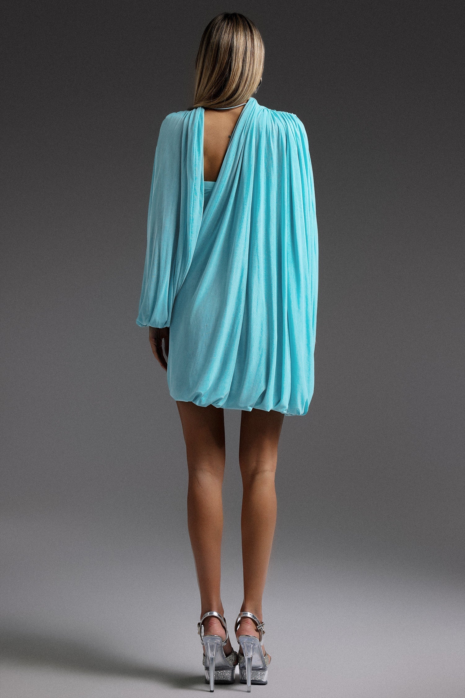Flowering Girl Women susanna Long Sleeve Fold Splice Mini Dress in blue