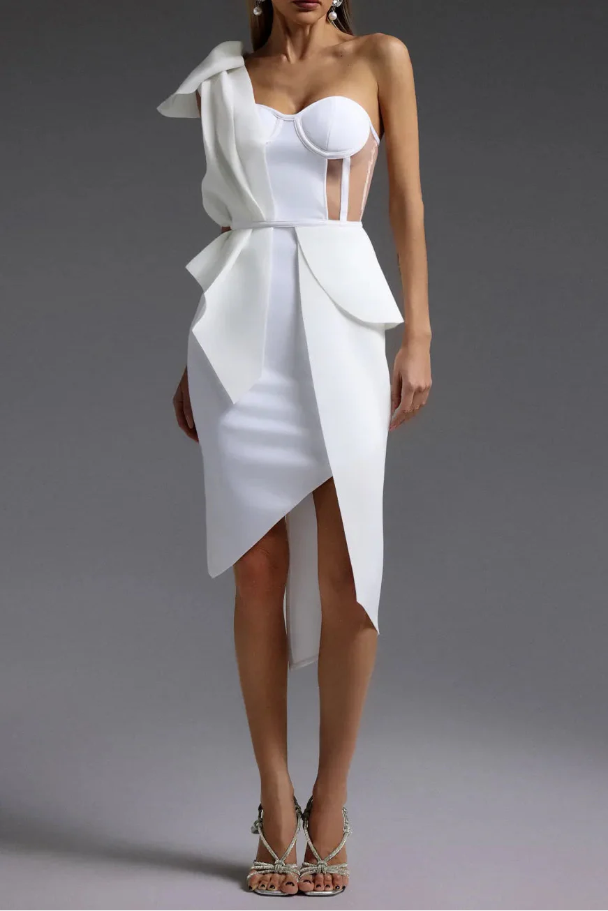 Flowering Girl Women One Shoulder Bow Slit Bandage Midi Dress