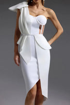 Flowering Girl Women One Shoulder Bow Slit Bandage Midi Dress