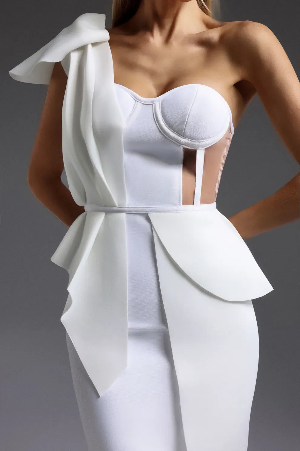 Flowering Girl Women One Shoulder Bow Slit Bandage Midi Dress