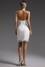 Flowering Girl Women vanessa Halter Sleeveless Tassel Bandage Mini Dress in white