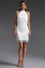 Flowering Girl Women vanessa Halter Sleeveless Tassel Bandage Mini Dress in white