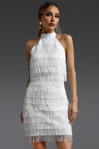 Flowering Girl Women vanessa Halter Sleeveless Tassel Bandage Mini Dress in white