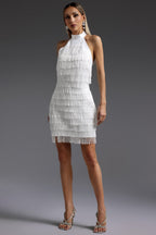 Flowering Girl Women vanessa Halter Sleeveless Tassel Bandage Mini Dress in white