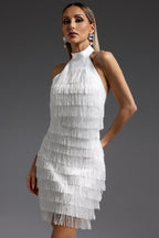 Flowering Girl Women vanessa Halter Sleeveless Tassel Bandage Mini Dress in white