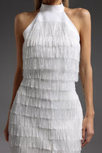 Flowering Girl Women vanessa Halter Sleeveless Tassel Bandage Mini Dress in white