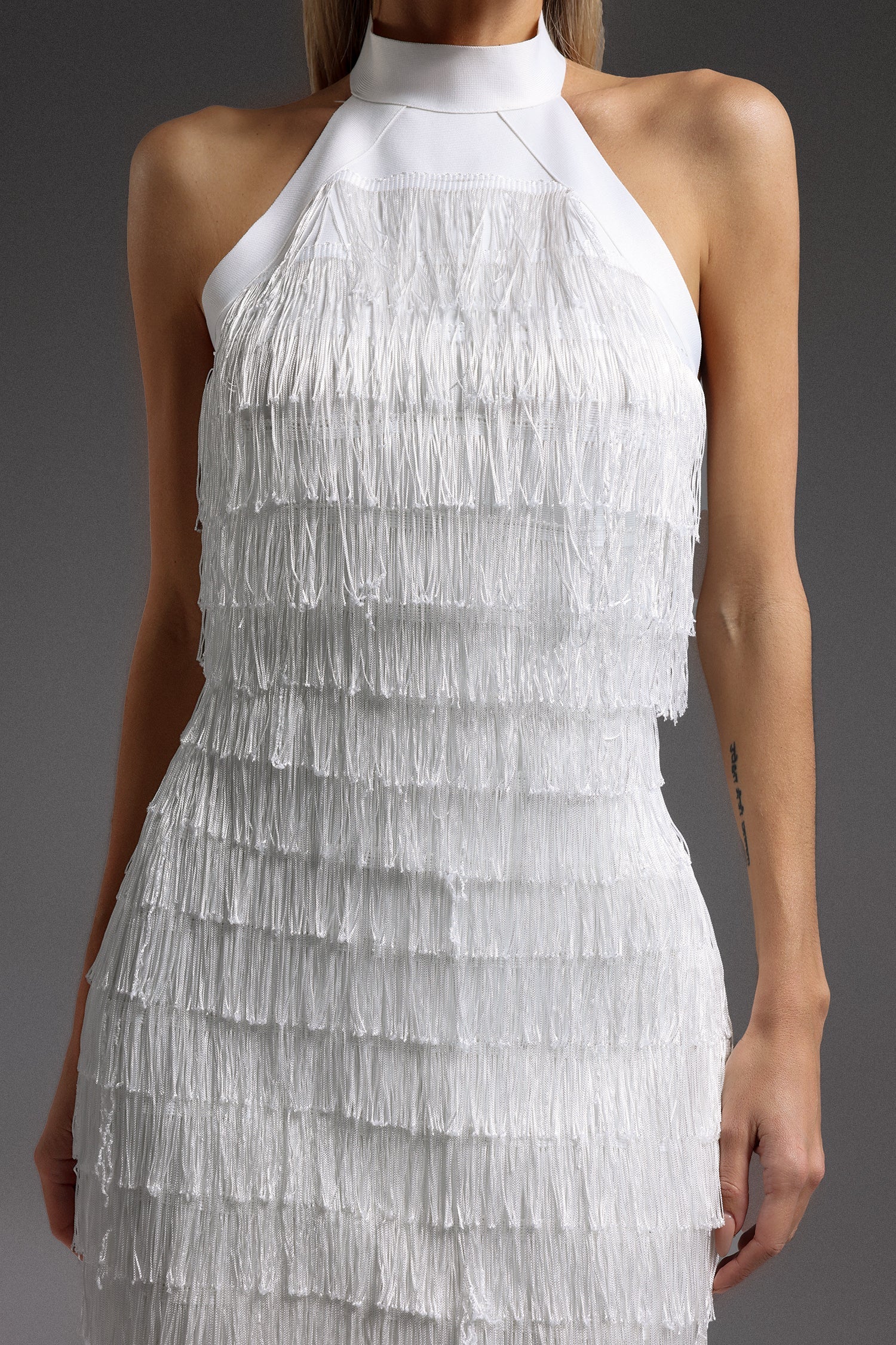 Flowering Girl Women vanessa Halter Sleeveless Tassel Bandage Mini Dress in white