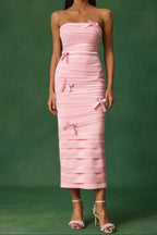 irma Sleeveless Bow Wrinkles Midi Dress in pink