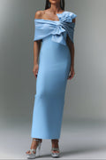 marina blue one-Shoulder Bow Bandage satin Maxi Dress