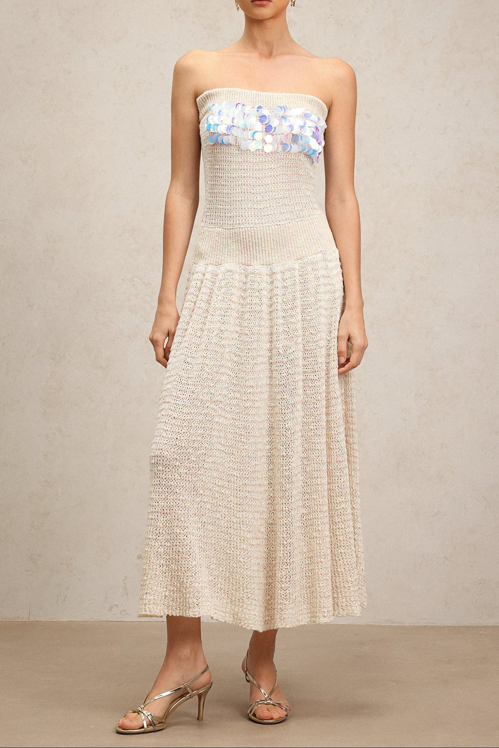 kimberley beige off-shoulder Sleeveless sequin jersey Maxi Dress