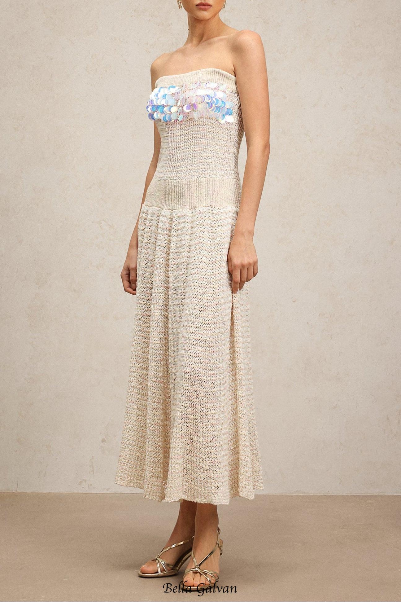 kimberley beige off-shoulder Sleeveless sequin jersey Maxi Dress