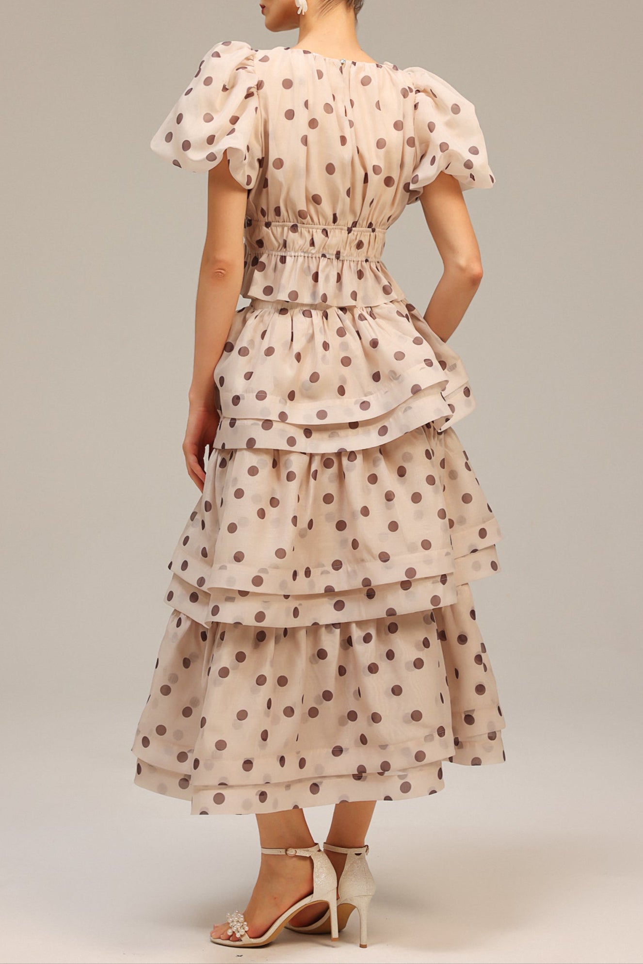 Damla Beige Puff Sleeves Dot Printed Top And Skirt Two-Piece Set
